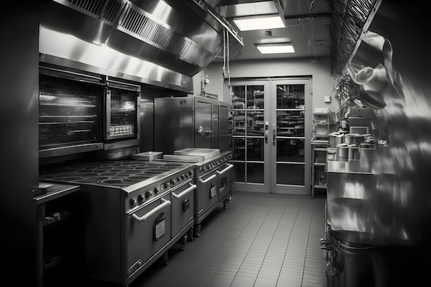 Profesjonalne wnętrze kuchni restauracyjnej z dostawami do gotowania i elektroniką Sztuka wygenerowana przez sieć neuronową