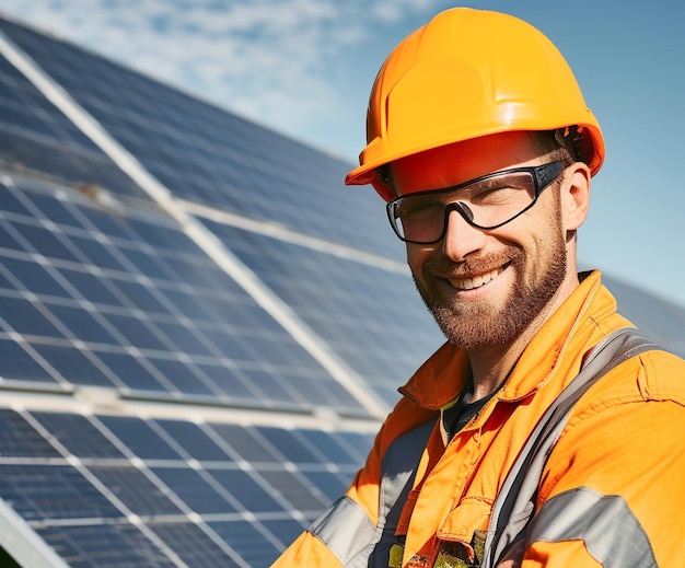 Profesjonalni pracownicy z panelami słonecznymi promującymi zrównoważoną różnorodność i czystą energię