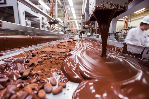 Profesjonalni szefowie kuchni pracujący na dużej linii produkcyjnej w fabryce czekolady z płynnym przepływem czekoladowym