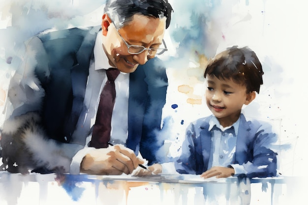 Profesjonalny azjatycki ojciec podpisuje ważny kontrakt biznesowy z synami wspierającymi w biurze domowym
