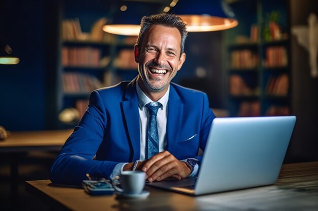 Profesjonalny biznesmen w średnim wieku w niebieskim garniturze siedzący przy biurku w biurze pracujący na laptopie