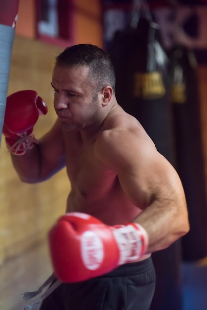 profesjonalny bokser mięśniowy trenujący na worku treningowym podczas przygotowań do następnej walki