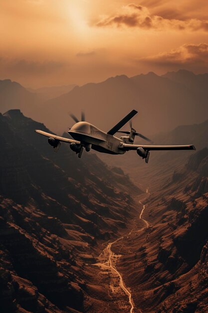 Profesjonalny dron rozpoznawczy lata nad górami.