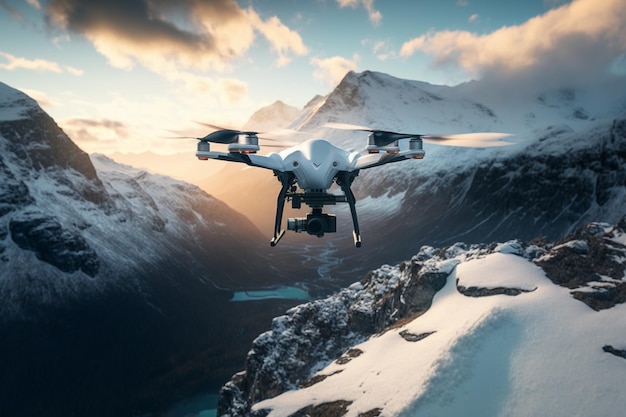 Profesjonalny dron wyposażony w kamerę nad ośnieżonymi górami, rejestrujący wspaniałe ujęcia Generative AI