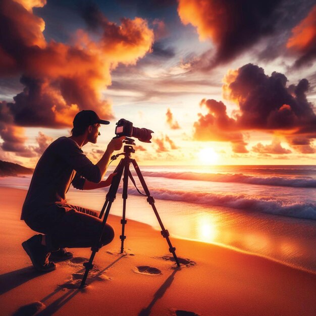 Profesjonalny fotograf ustawia statyw na piasku na plaży