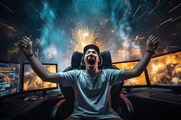 Zdjęcie profesjonalny gracz e-sportów cieszy się zwycięstwem w cyber salonie gier gracz świętuje zwycięstwo wygranie gry gracz sportów elektronicznych cieszy sie zwycięstwem