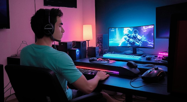 profesjonalny gracz grający w gry online neon komputerowy profesjonalny gracz streamer młoda kobieta cybergracz pokój studyjny z fotelem do komputera osobistego Generatywna sztuczna inteligencja