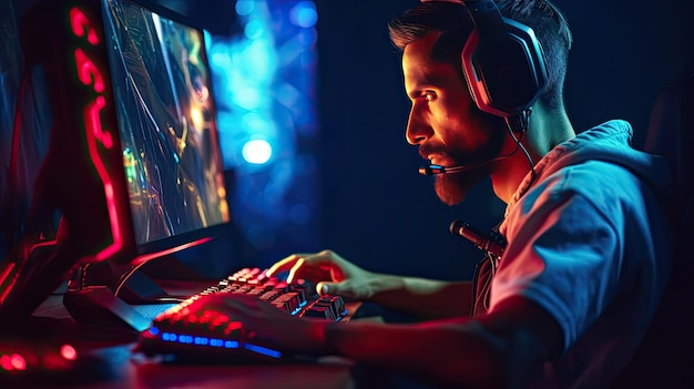 Profesjonalny gracz grający w turnieje gry online komputer z słuchawkami czerwony i niebieski Generative Ai