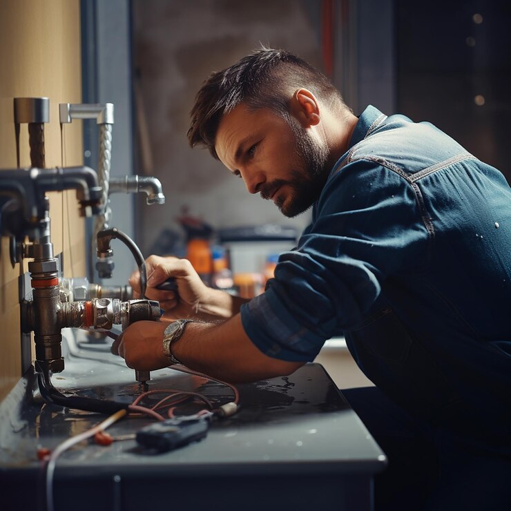 Zdjęcie profesjonalny hydraulik w nowoczesnej łazience