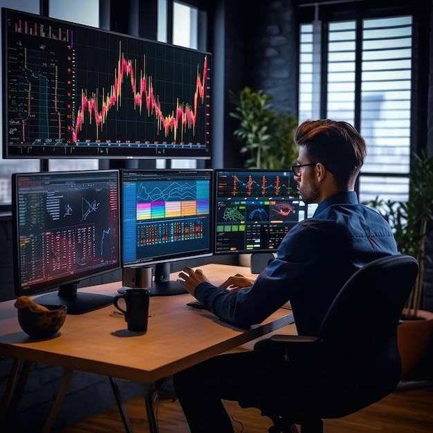 Profesjonalny inwestor handlowy ustawiony na biurku i patrzący na duże ekrany wykresów handlowych