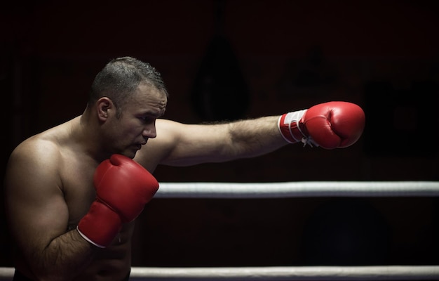 profesjonalny kickboxer z rękami w pozycji sztuk walki trenujący do walki na ringu treningowym