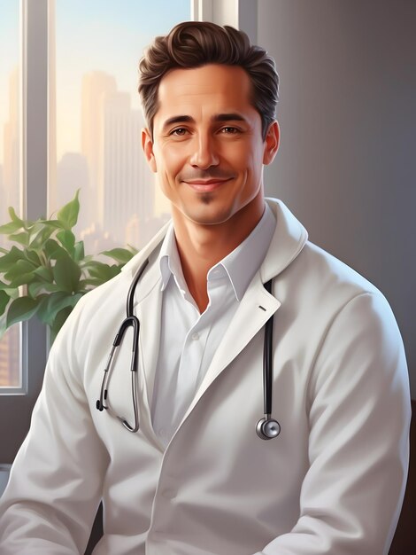 Profesjonalny lekarz rodzinny w czystej i nowoczesnej klinice medycznej w białym płaszczu laboratoryjnym i stetu