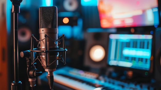Zdjęcie profesjonalny mikrofon w studiu nagraniowym sprzęt nagrywania dźwięku koncepcja produkcji muzycznej i nadawania