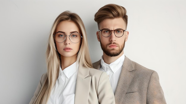 Profesjonalny młody mężczyzna i kobieta w eleganckim stroju pozujący pewnie w stylu korporacyjnym biznesowy wygląd uchwycony w studiu idealny dla materiałów marketingowych AI