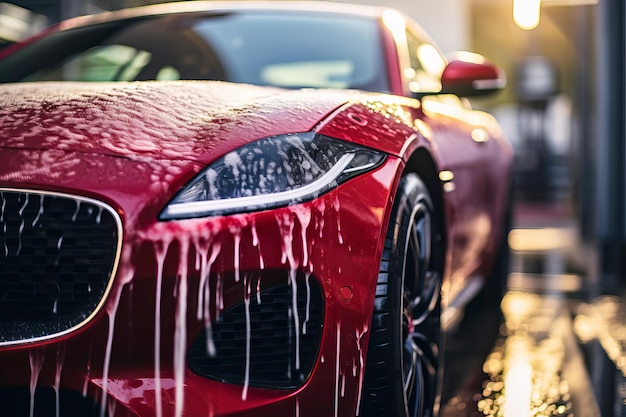 Profesjonalny mycie samochodu Piękny czerwony samochód sportowy z szamponem zbliżenie Generatywna ilustracja AI