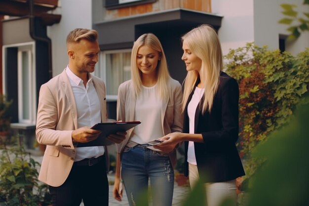 Zdjęcie profesjonalny pośrednik w handlu nieruchomościami pokazujący atrakcyjną lokalizację nieruchomości młodej parze odnoszącej sukcesy agentka nieruchomości z tabletem spacer z rodziną do domu nowi właściciele domów w zwolnionym tempie