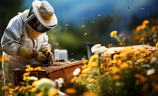 Profesjonalny pszczelarz w odzieży ochronnej zbierający miód