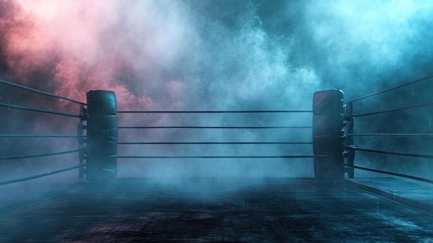 Profesjonalny ring bokserski generujący sztuczną inteligencję z reflektorami i zadymionym sportem sztuk walki w tle