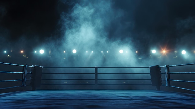 Profesjonalny ring bokserski generujący sztuczną inteligencję z reflektorami i zadymionym sportem sztuk walki w tle