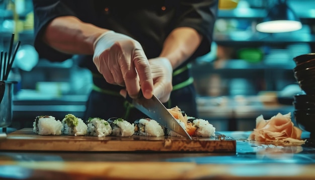Profesjonalny szef kuchni przygotowuje sushi w kuchni restauracji