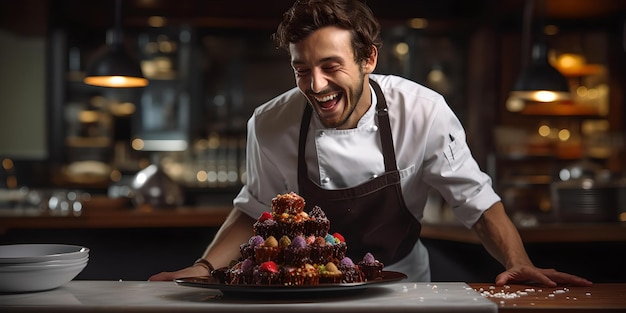 Profesjonalny szef kuchni z dumą prezentuje wyśmienity deser czekoladowy w kuchni restauracji Sztuka kulinarna w akcji Portret profesjonalnej sztucznej inteligencji branży spożywczej