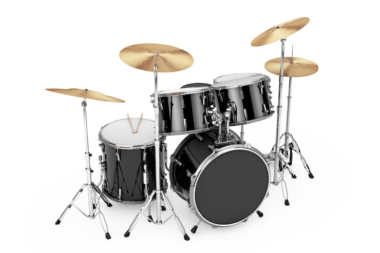 Zdjęcie profesjonalny zestaw perkusyjny rock black na białym tle. renderowanie 3d