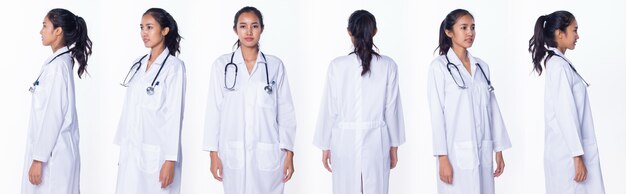 Professional Asian Beautiful Doctor Pielęgniarka kobieta w labcoat uniform włosy stetoskop uśmiecha się, stoi i spacery w szpitalu medycznym, studio oświetlenie białe tło, collage group pack portret 360