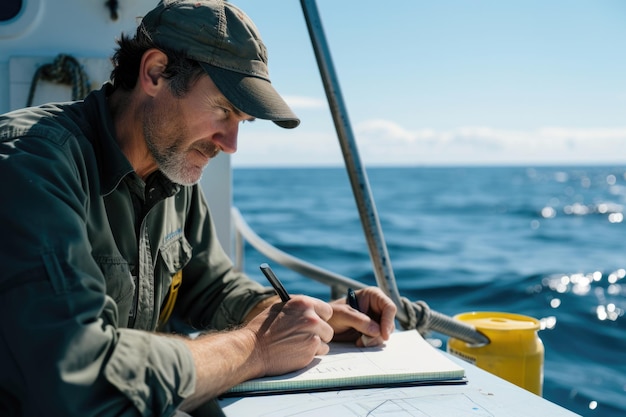 Profil biologa morskiego piszącego dane na pokładzie łodzi na morzu