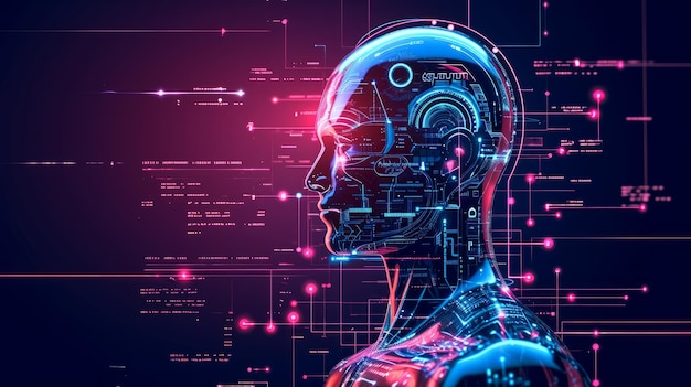 Profil boczny futurystycznej głowy komputera sztucznej inteligencji ze świecącymi liniami i danymi