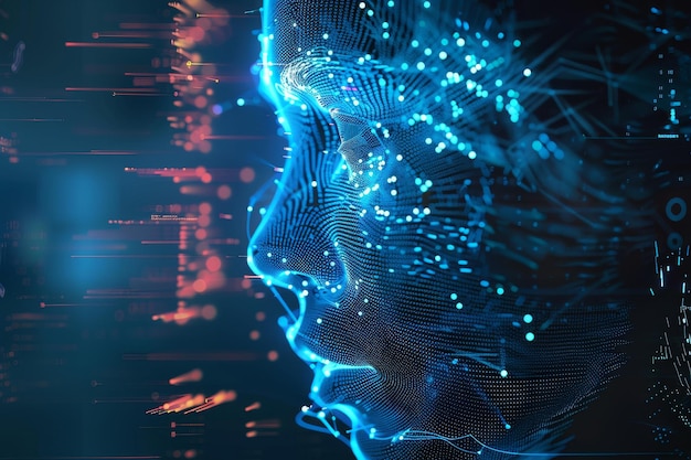 Zdjęcie profil cybernetyczny z niebieskimi punktami danych wizualizującymi sztuczną inteligencję i łączność sieciową