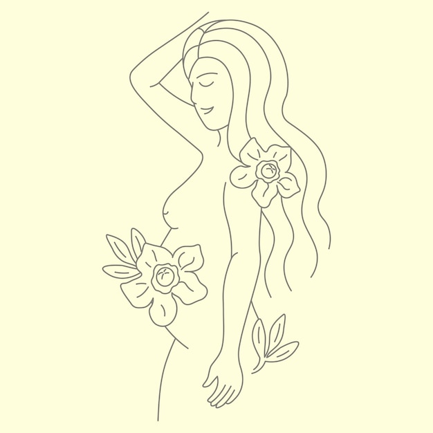 profil postaci kobiety w ciąży kwiaty ilustracja liniowa wektor