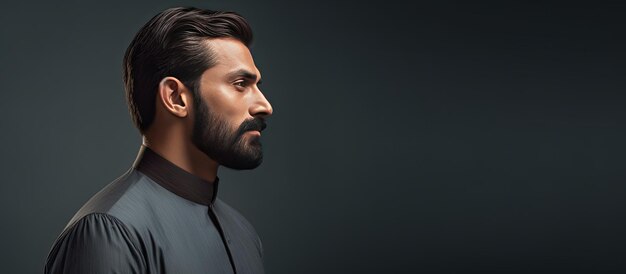 Profilowy portret młodego mężczyzny w tradycyjnym pakistańskim stroju z ciemnymi włosami wąsami i brodą na szarym tle Poziomy sztandar z pustym