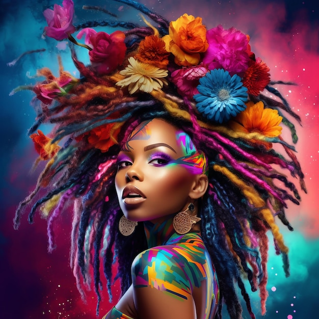 Profilowy portret młodego pięknego Afroamerykanina z kolorowymi kwiatami