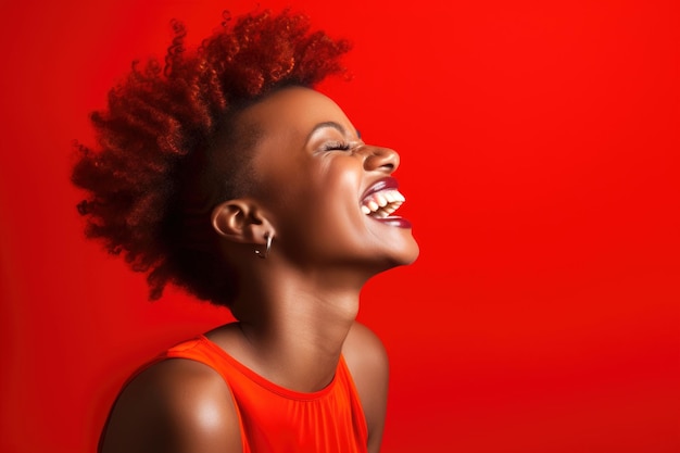 Profilowy portret szczęśliwej młodej czarnej kobiety na czerwonym tle