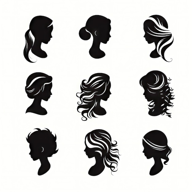 Profily kobiece Różne fryzury Cameo Silhouette Kobieta Głowa Ikona fryzjerka lub salon piękności Generatywna ilustracja AI