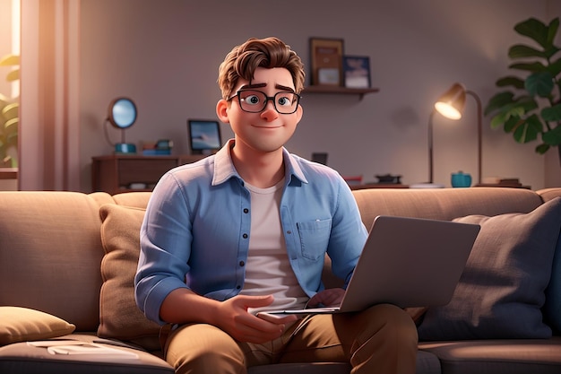 Programista 3D siedzi na kanapie i pracuje w domu, na co dzień, szczęśliwy, niezależny pomysł na równowagę życiową