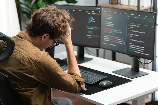 Programista IT pracujący online, tworzący oprogramowanie, kodujący na ekranach komputerów Gusher