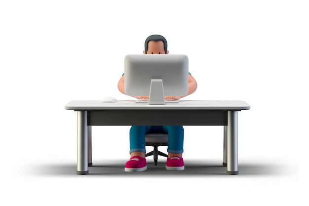 Programista kodera siedzący przy stole z monitorem komputera stacjonarnego, piszący kodowanie renderowania 3D