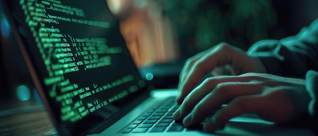 Programista kodujący w pracy z rękami na laptopie programujący w nocy pracujący na ekranie i liniach kodu