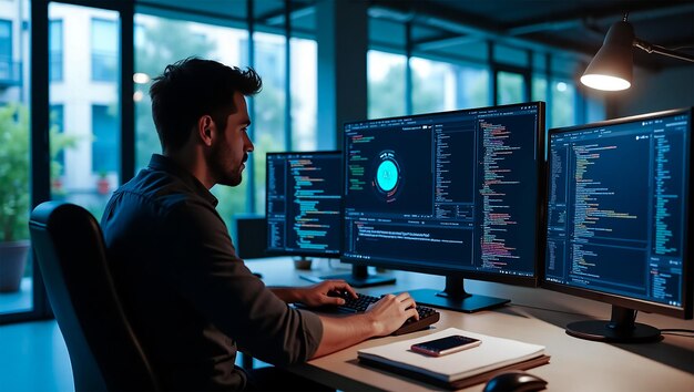 Programista pracujący nad kodem komputerowym w ciemnym biurze