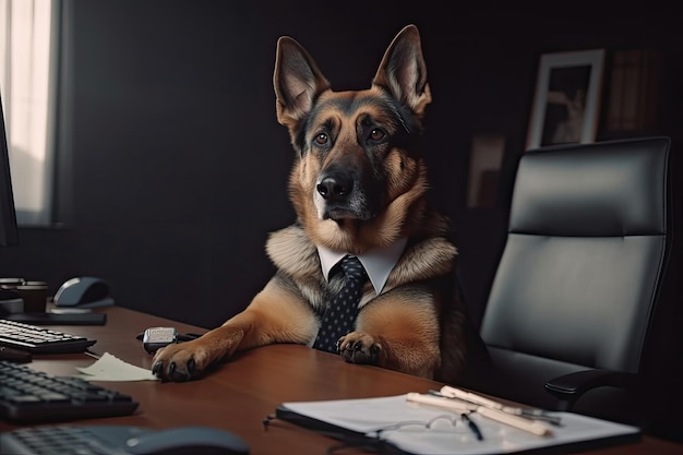 Programista psa w garniturze siedzi przy komputerze i programuje generatywną sztuczną inteligencję