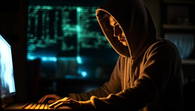 Programista z kapturem piszący w ciemności złodziej komputerowy w pracy generowany przez sztuczną inteligencję