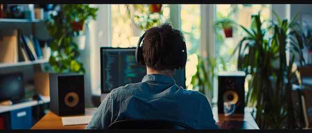 Programowanie komputerowe Mężczyzna siedzi przy biurku i pisze kody na komputerze w biurze Wysokiej jakości zdjęcie programisty pracującego nad projektem w firmie zajmującej się rozwojem oprogramowania
