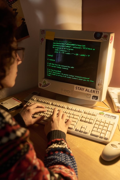 Programowanie na komputerze stacjonarnym w nocy przy świetle lampy
