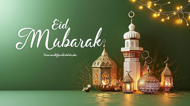 Zdjęcie projekt 3d eid mubarak z meczetem na zielonym tle generacyjna sztuczna inteligencja