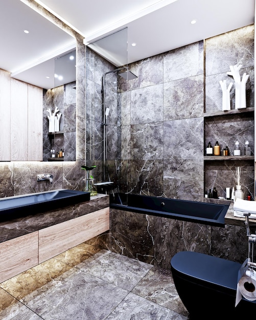 Projekt 3D wnętrza nowoczesnej łazienki z marmurem i drewnem