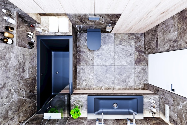 Projekt 3D wnętrza nowoczesnej łazienki z marmurem i drewnem