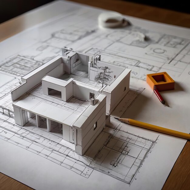 Zdjęcie projekt architektoniczny z procesem rysowania i modelu w skali