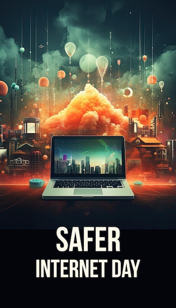 Zdjęcie projekt banera dnia bezpieczniejszego internetu z kolorową ilustracją na laptopie