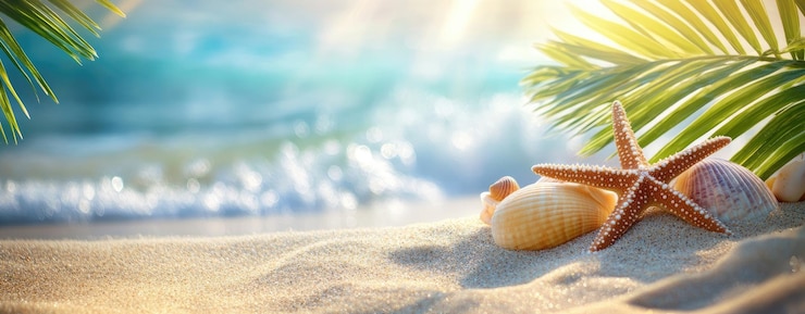 Zdjęcie projekt baneru letnich wakacji z tropikalnymi skorupami morskich gwiazdek plażowych i słonecznie oświetlonymi liśćmi palm